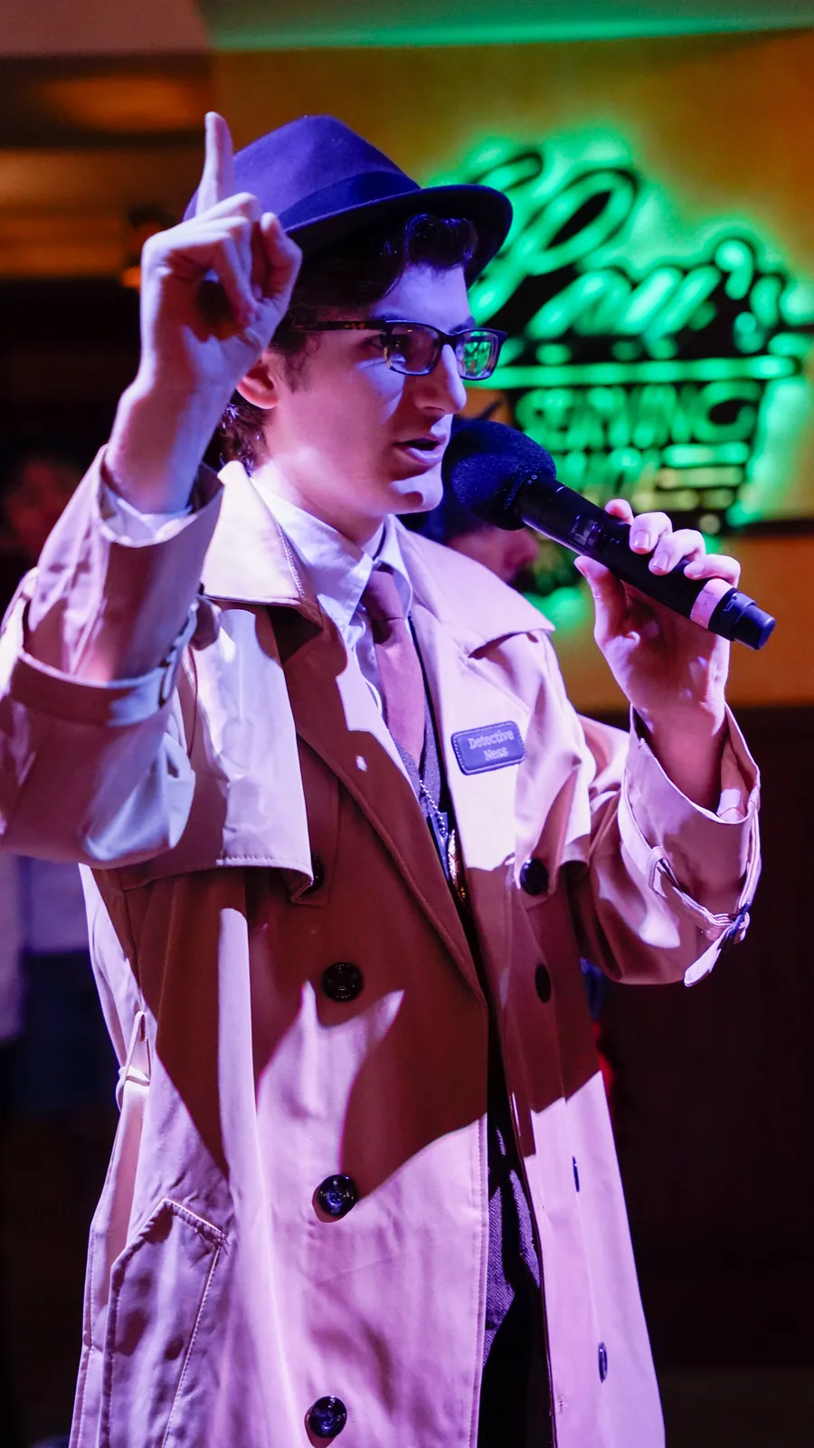 A Murder Mystery Company actor working the room at a Orange County show