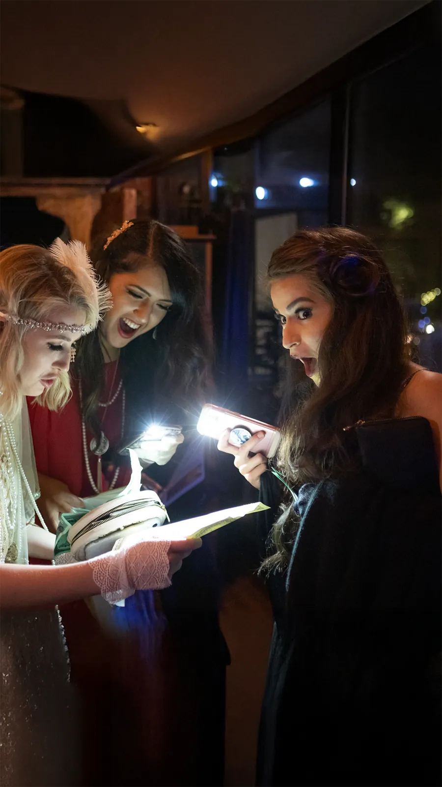 Guests at a Murder Mystery Company public dinner show in Orange County